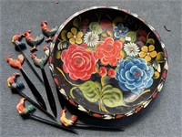 Vibrant Rooster Letter Openers & Painted Bowl
