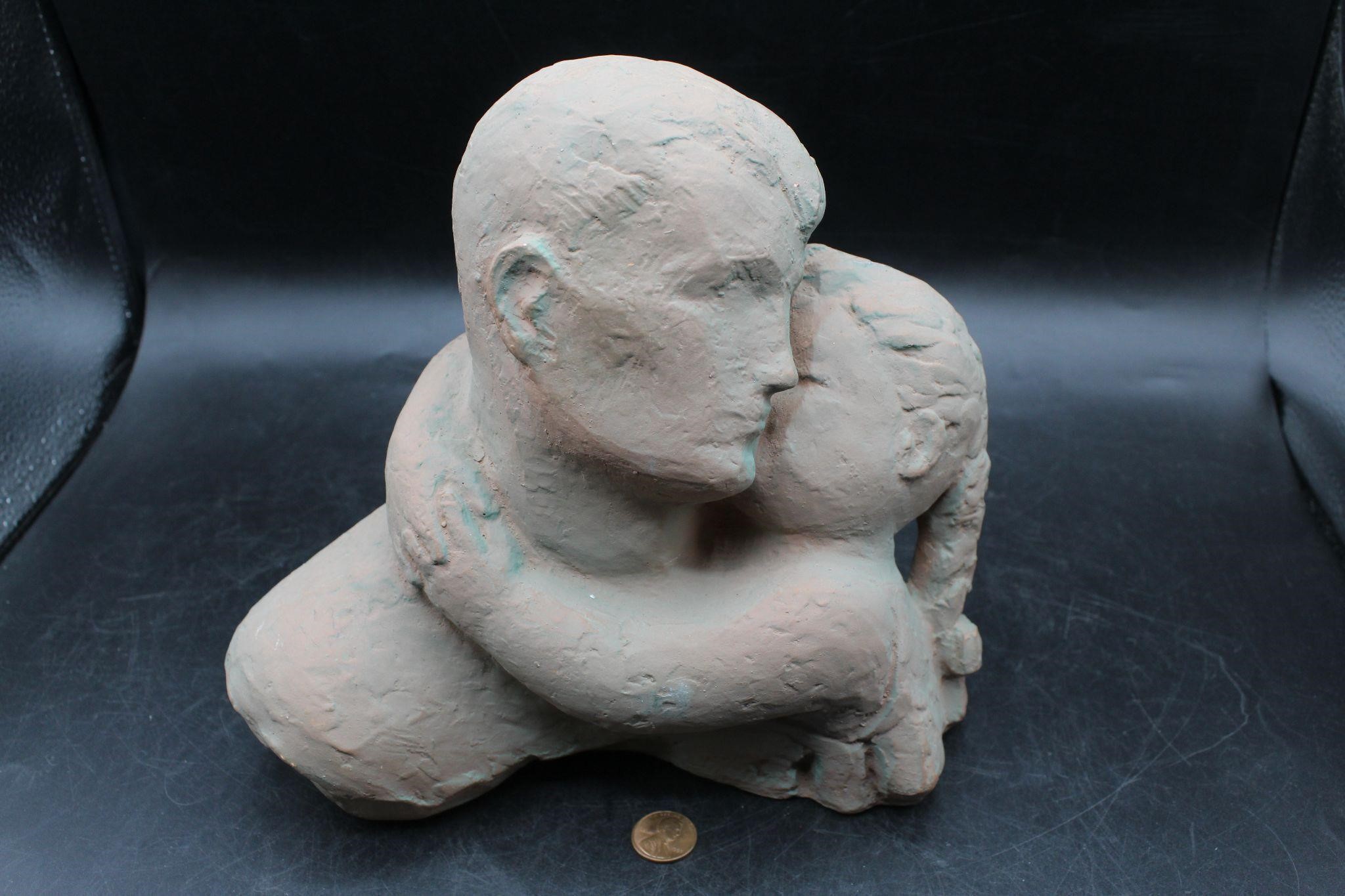 Signed Clay Sculpture ~ "Father & Daughter"