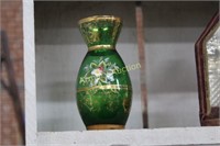 ENAMEL DECORATED GREEN ART GLASS VASE