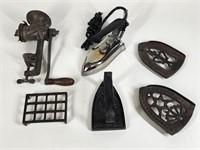 CAST IRON TRIVETS, GRINDER & SAD IRONS