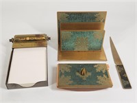 BRASS NOTE PAD, LETTER OPENER AND STAND