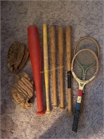 Baseball bats, gloves, tennis rackets