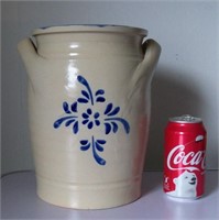 Vintage Stoneware Blue Decorated 2 Handle Crock