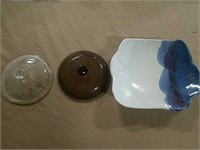 2 glass pot covers and a tray