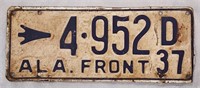 Vintage 1937 Alabama Front License Plate
