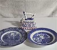 Vintage Liberty Blue Bowl, plate and iron canister