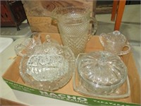 BOX OF CRYSTAL PITCHERS, BOWLS, BUTTER DISH, MISC