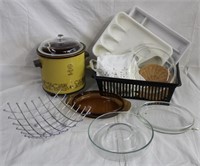Wire basket, utensil trays, casserole lids, Pyrex