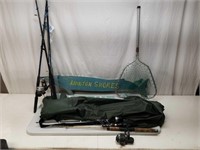 Fishing Rods, Net, Hip Waders, Wooden Fish Sign
