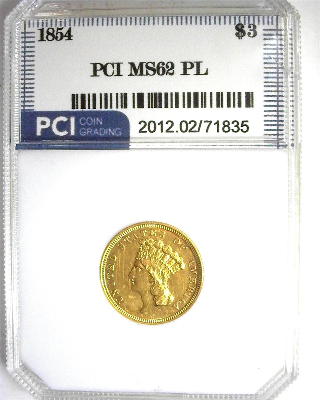 1854 Gold $3 MS62 PL LISTS $3750 IN 62