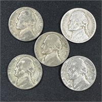 (5)  Assorted Jefferson Wartime Silver Nickels
