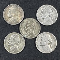 (5)  Assorted Jefferson Wartime Silver Nickels