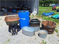 Wheel Barrow, Planters, Plastic Drum