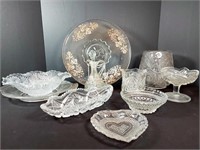 ASSORTMENT OF PRESSED GLASS + SILVER OVERLAY TRAY