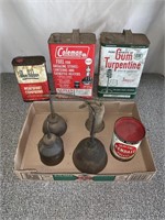 Antique oilers, tins, cans