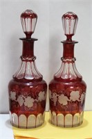 A Pair of Ruby Red Etched Glass Decanters