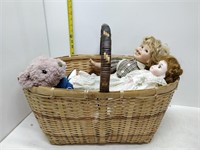 large basket with porcelain dolls & bears