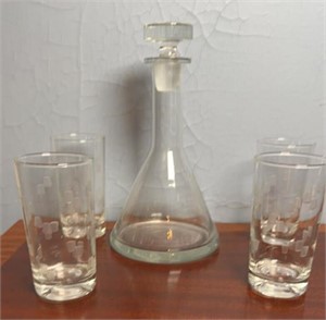 (4) LIBBEY DECO GLASSES, DECANTER