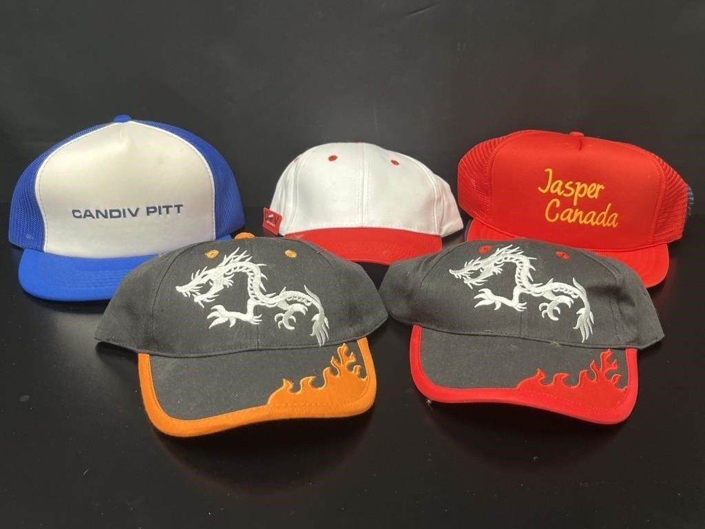 5 Baseball Hats Including Dragon Logo, Candiv