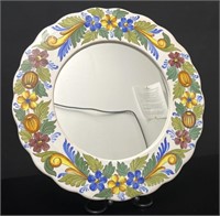 Large Round Floral Ceramic Mirror VTG