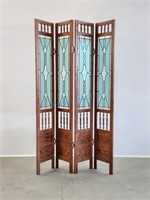 Oak Stained Glass Folding Room Divider