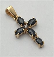 14k Gold, Diamond & Natural Sapphire Cross Pendant