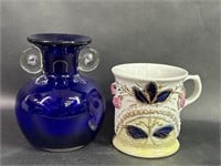Cobalt Blue Glass Vase and Ornate German Mug