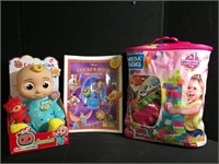 Mega Blocks, Sticker Book, and Cocomelon Doll