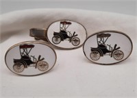Vintage Covered Coach Cuff Links & Tie Tack Set