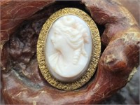 10K Gold Carved Shell Cameo / Brooch