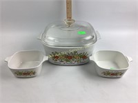Large Corning Ware covered casserole, two smaller