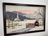 Framed hooked winter scene 43” long x 29” wide