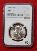 1959 D Franklin Silver Half Dollar NGC MS64 FBL