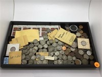 TRAY WITH JEFFERSON NICKELS, FOREIGN COINS, WHEAT