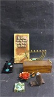 Judaica Menorah,Wood Carved Owl,Dresser Box