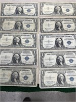 (10) silver certificate one dollar bills