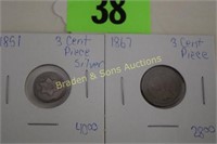 US 1851 SILVER THREE CENT PIECE AND 1867