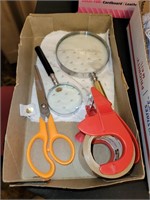 MAGNIFYING GLASSES, SCISSORS, TAPE