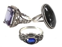 3 Sterling Rings 11.2g TW Sz 7 Amethyst Marcasite+