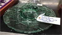 13"ROUND GREEN GLASS DIP PLATE W/EMBOSSED FRUIT
