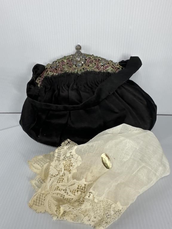 Vintage Glass Jeweled Evening Bag, Handkerchief