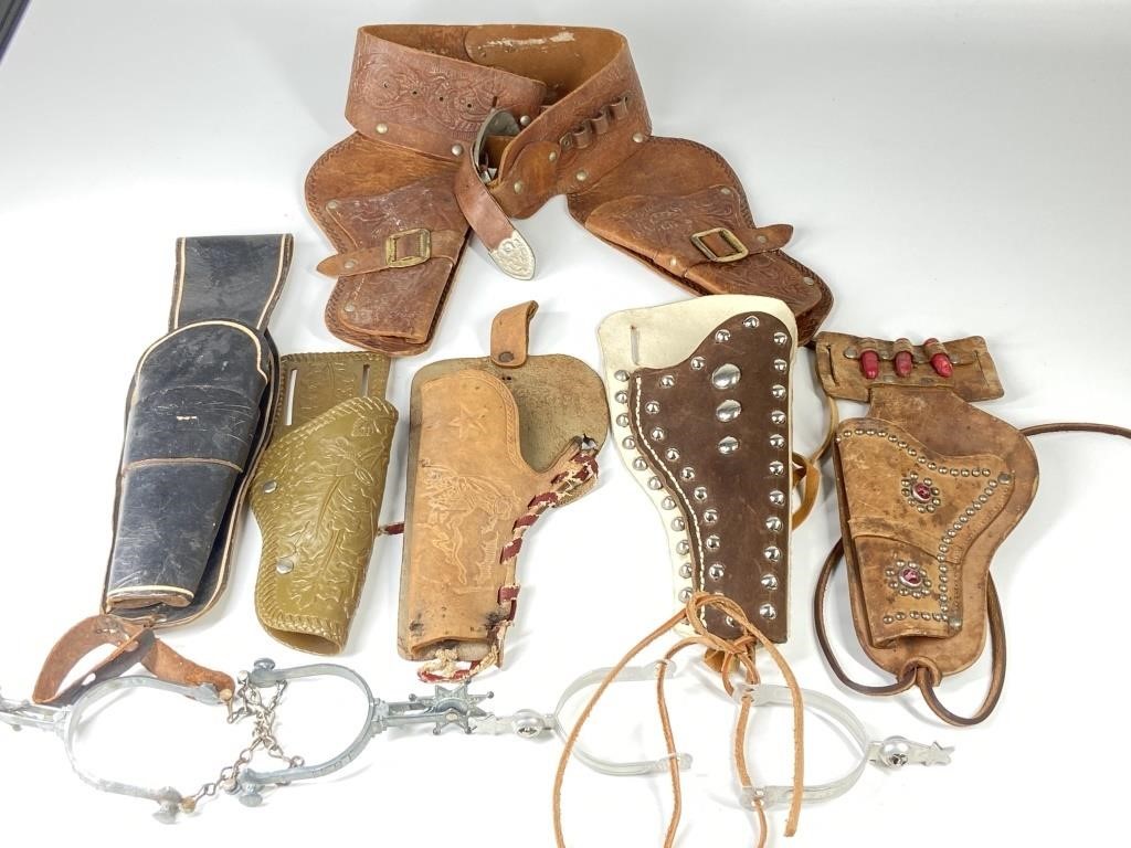 ASSORTED LOT OF VINTAGE HOLSTERS & SPURS