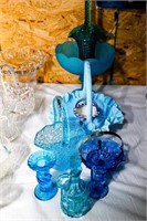 (5) Glass Baskets, (2) Blue Glass Candle Stick
