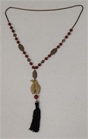 Antique Necklace w/Fancy Metal & Black Silk Tassel