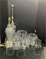 Heavy Carved Glass Lamps, Etched Stemware, Glass.