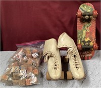 Vintage Roller Skates, Wooden Blocks & Skateboard