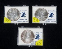 3- 1987 American Silver Eagles, .999 Fine silver,