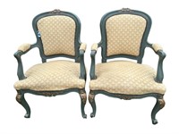 2 PAINTED FRENCH CARVED OPEN ARM CHAIRS