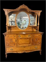 MONUMENTAL OAK HEAVY CARVED BUFFET WITH MIRROR