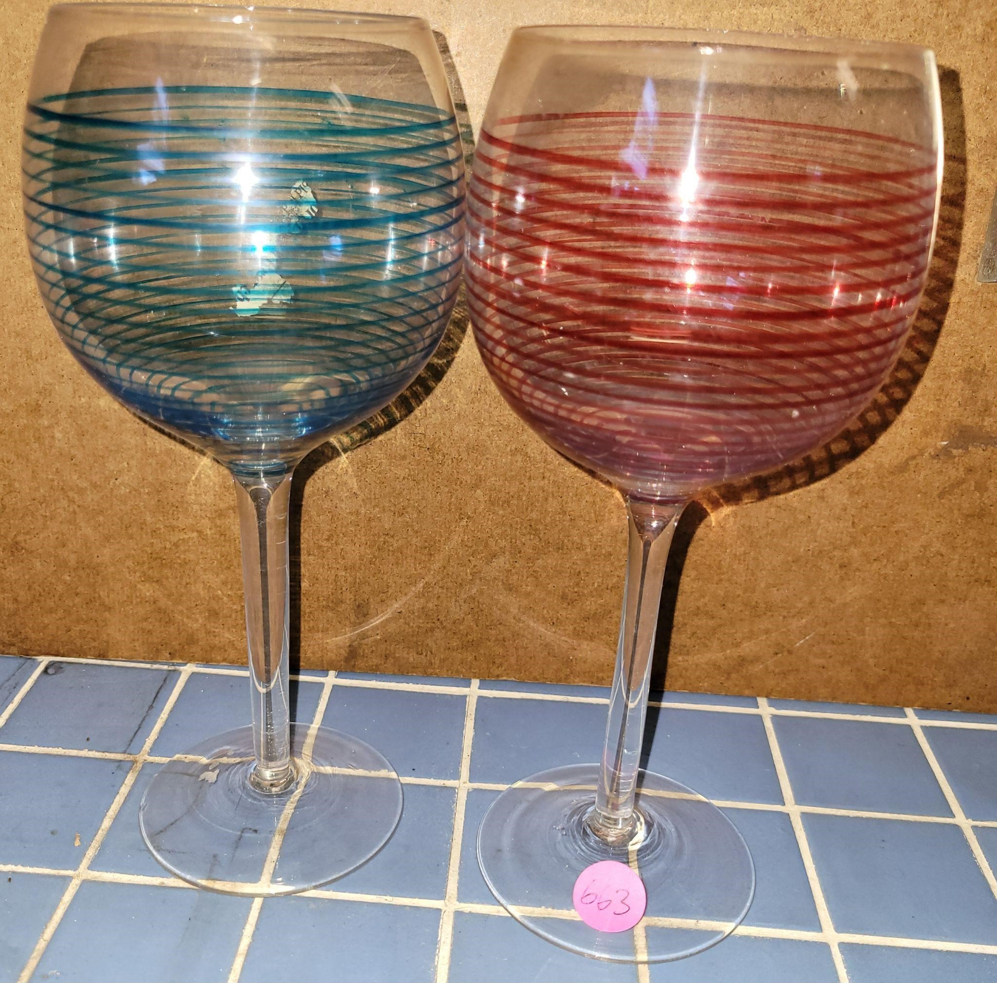 Vintage Pair Spherical Color Striped Wine Glass